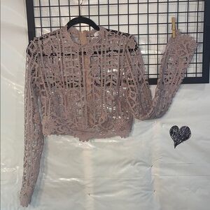 Tobi Mauve Lace Long Sleeve crocheted crop top with zipper